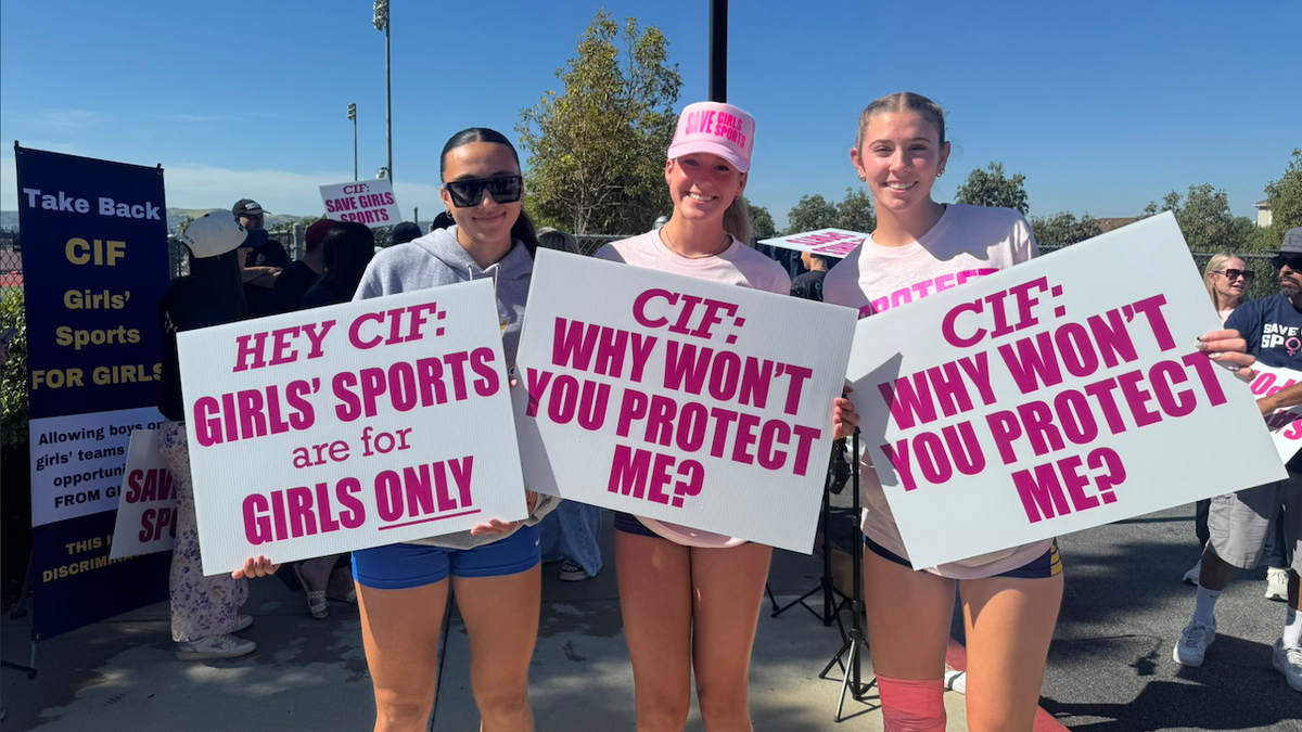 California girls' track and field athletes at a protest